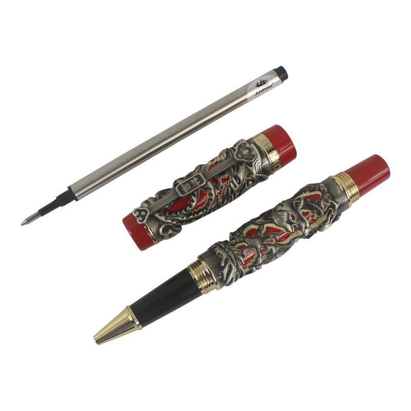 zoohot Jinhao Rollerball Pen Dragon/Loong & Phoenix Antique Silver and Red Screw Cap - Image 4